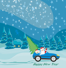 Abstract card with Santa Claus driving car