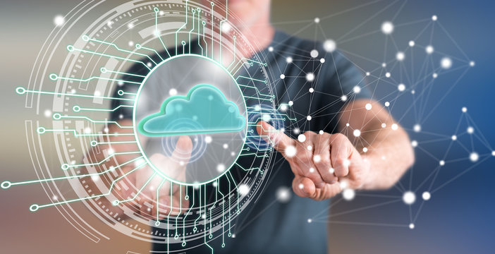Man touching a cloud computing system concept