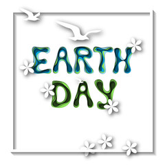Earth Day greeting card template with hand drawn layered text, birds, flowers and frames on square white background.
