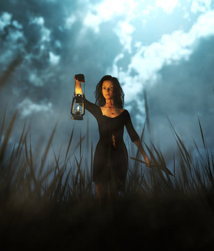 Survivor woman carrying an axe in field at night,fantasy horror conceptual 3d illustration background
