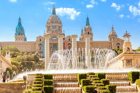 National Art Museum And Motjuic Fountain In Barcelona At Sunny Summer Day