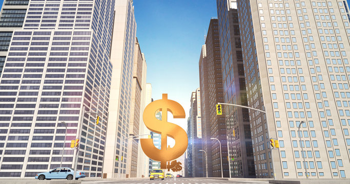 US Dollar Sign In The City - Business Related Aerial 3D City Street Flight