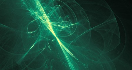 Abstract green light and laser beams, fractals  and glowing shapes  multicolored art background texture for imagination, creativity and design.