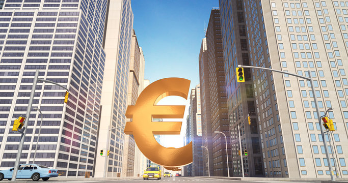 Euro Currency Sign In The City - Business Related Aerial 3D City Street Flight