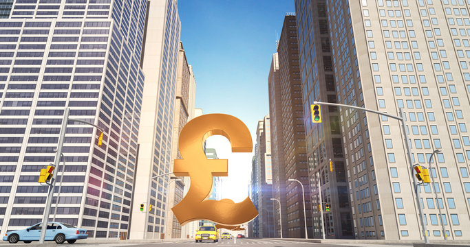 British Pound Sign In The City - Business Related Aerial 3D City Street Flight