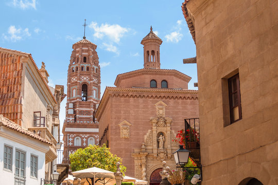 Mudejar bell tower in Spanish village or Poble Espanyol in Barcelona, Spain