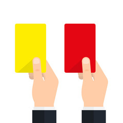Soccer referees hand with red and yellow card
