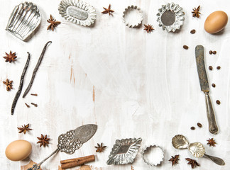 Food flat lay background Utensils ingredients spices