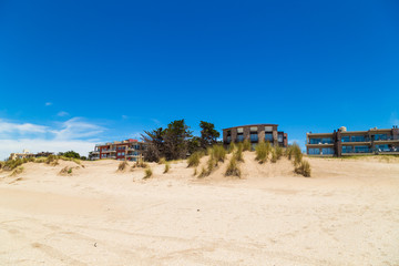 Mar de las Pampas. Argentina. Panoramic view of a beautiful beach with apartments buildings at the background. The sky is clear and intense blue.