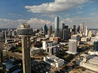 Aerial View of Reunion Tower and Dallas Skyline on a Cloudy Day