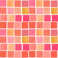 Seamless pattern of textured uneven lined squares in shades of coral, pink, orange and apricot,...