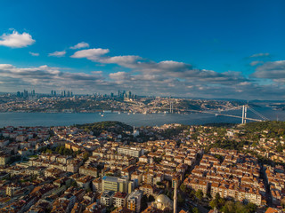 Wide panorama of 15th July Martyrs Bridge (formerly Bosphorus Bridge) and modern skyscrapers aerial view from Uskudar in Istanbul Turkey