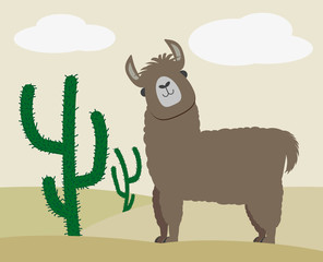 cute fluffy llama or alpaca besides cactus in desert landscape vector illustration
