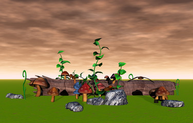Fototapeta na wymiar Cartoon Landschaft mit Baumstamm und Pilzen