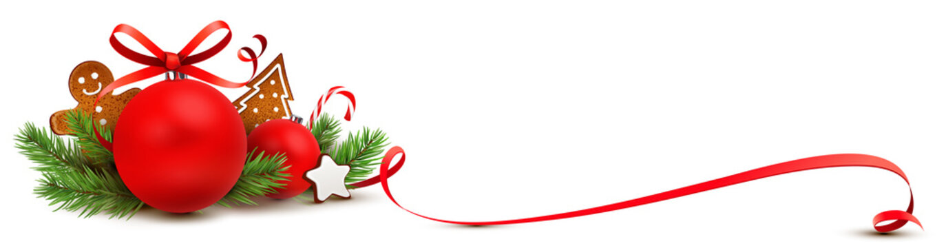 Weihnachtsschmuck Grußkarte rot - Weihnachtskugel mit Lebkuchen, Tannenzweige und geschwungener Schleife