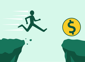 businessman running to success, jumping over cliff to get dollar coin, vector illustration