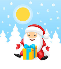 Santa Claus character. Santa Claus sitting with christmas gift in winter forest. Vector illustration in cartoon style.