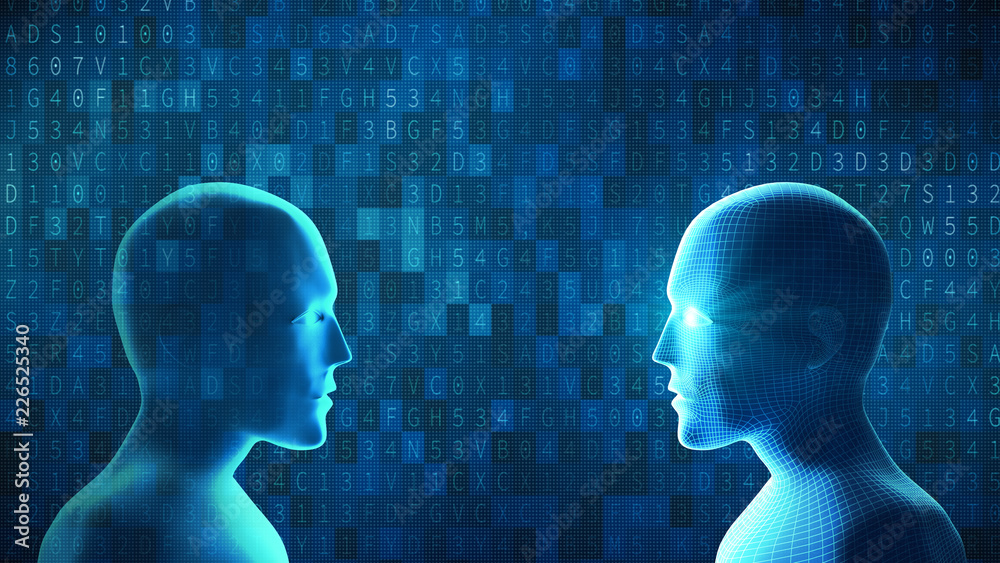 Aufkleber human fights robot with digital computer data code on blue background. artificial intelligence in fu