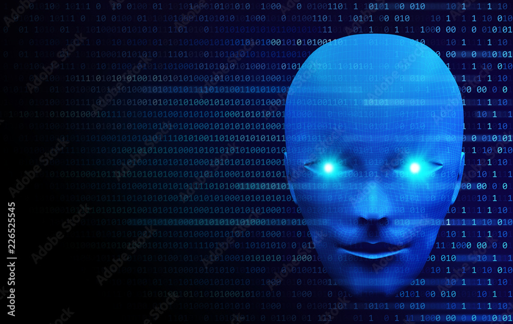 Poster front view of human head with binary code. model isolated on blue background, artificial intelligenc