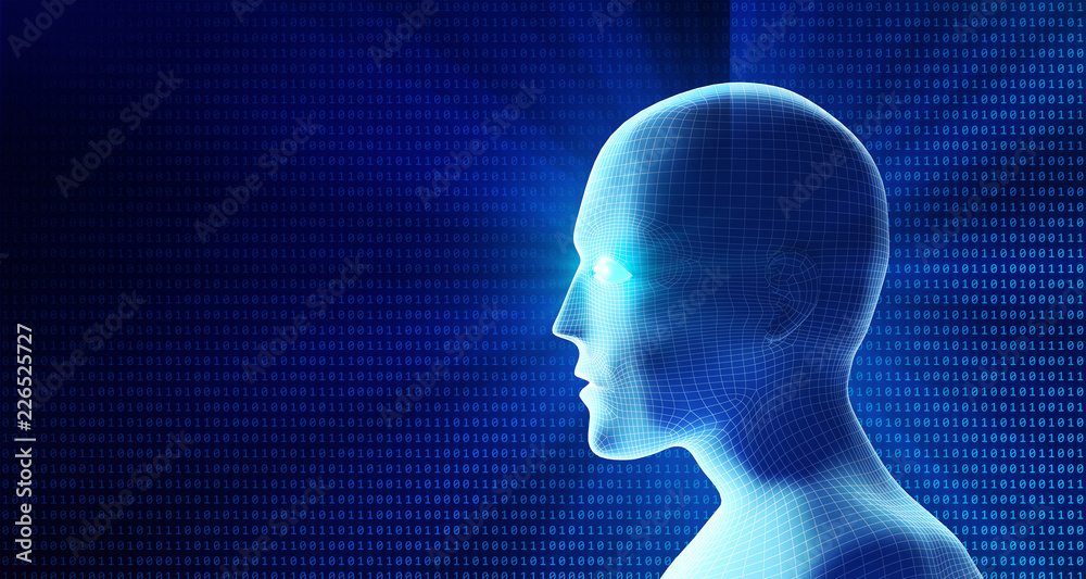 Poster side view of human head and binary code. model isolated on blue background, artificial intelligence 