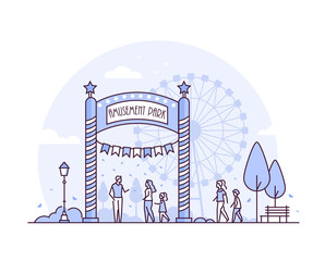 Amusement park - thin line design style vector illustration