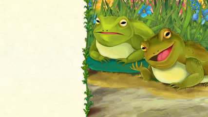 cartoon fairy tale scene with space for text - two happy frogs sitting no the shore near the meadow and talking - illustration for children