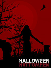 Halloween background with female zombie and text