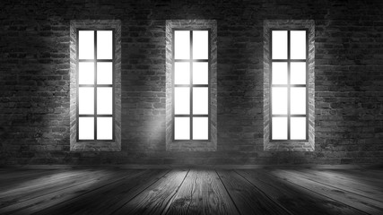 A brick wall in an empty room, large wooden windows, a magical light and the rays of the sun.