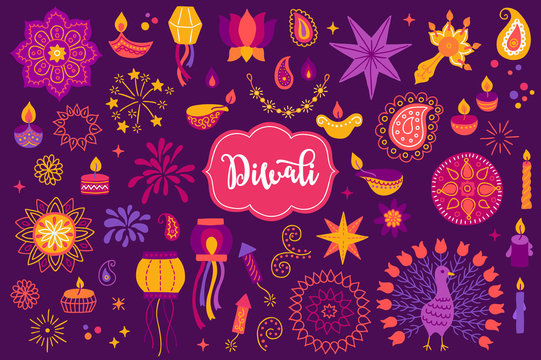 Diwali set with mandala, diya, lantern, garland, stars, paisley, candles