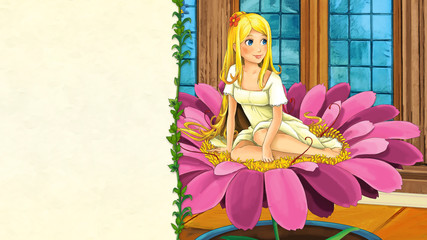 Obraz na płótnie Canvas cartoon fairy tale scene with space for text - tiny elf girl sitting on a flower - illustration for children