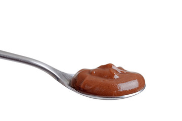 isolated spoon of chocolate pudding