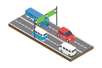 isometric concepts of highways and vehicles, vector illustrations