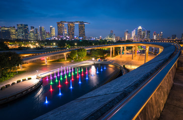 Singapore city Skyline and view of skyscrapers on Marina Barrage at twilight time.