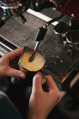 cropped shot of barista preparing cappuccino in coffee machine