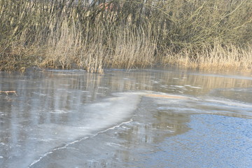 een gedeeltelijk bevroren vennetje met stromend water in natuurgebied De Witte Brink