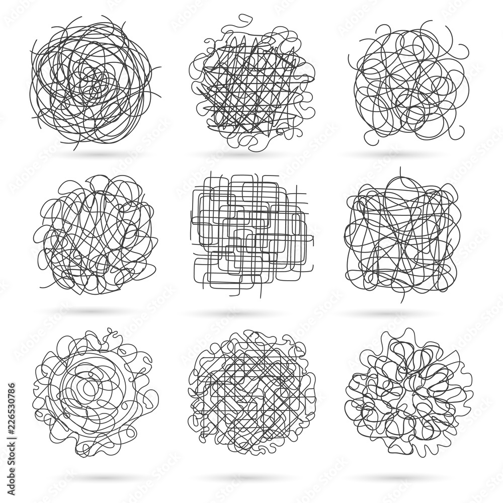 Wall mural tangle scribbles. vector lines scribble set isolated on white background, chaotic scribbles patterns