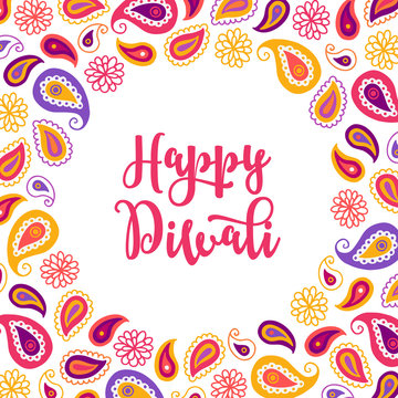 Diwali greeting card with flowers and paisley