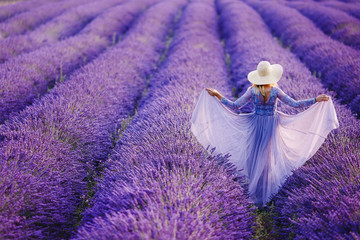 Woman in lavender flowers field at sunset in purple dress. France, Provence.
