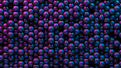 Abstract background, an array of balls at different depths, a wall of spheres with colored lighting. 3D Rendering