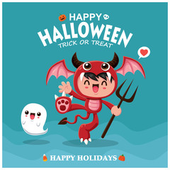 Vintage Halloween poster design with vector demon character.  