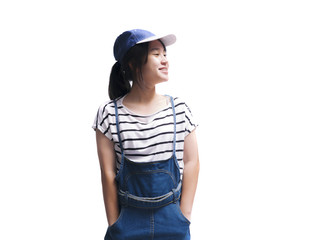 Naklejka premium Smiling asian teenqger girl isolated over white background