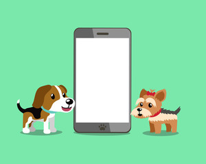 Cartoon character beagle dog and yorkshire terrier dog with smartphone for design.