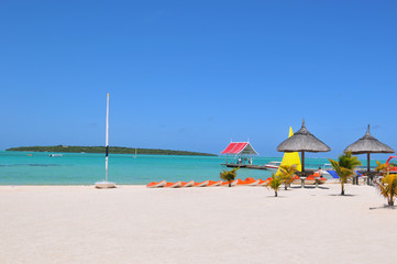 umbrellas on the beach , tropical island , colorful boats on the beach, 