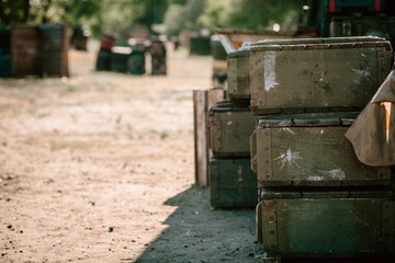 Equipment for playing lasertag: smoke grenades, kneepads and boxes
