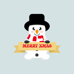 winter cartoon cute snowman with scarf and christmas sign 
