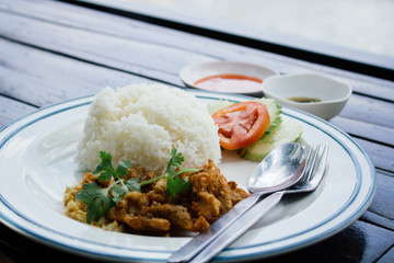 Fried Pork with garlic and pepper on rice, Thai Food