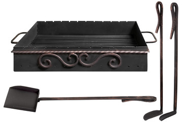 Barbecue grill, poker and scoop for cooking kebabs.