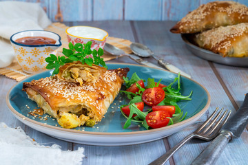 Giant chicken samosas with mango chutney and fresh salad, sprinkled with sesame seeds