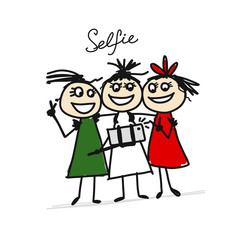 Funny girls do photos with mobile smart phone device using selfie