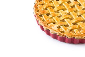 Homemade apple pie isolated on white background. Copyspace

